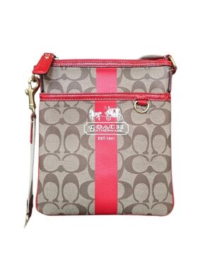 Coach Heritage Stripe Swingback Brown Red Signature Canvas Crossbody Bag